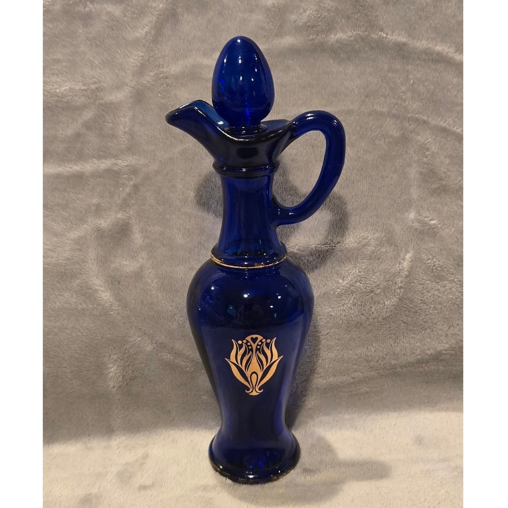 Vintage Avon Cobalt Blue Glass Decanter Cruet with Stopper Gold Floral Accent 9"